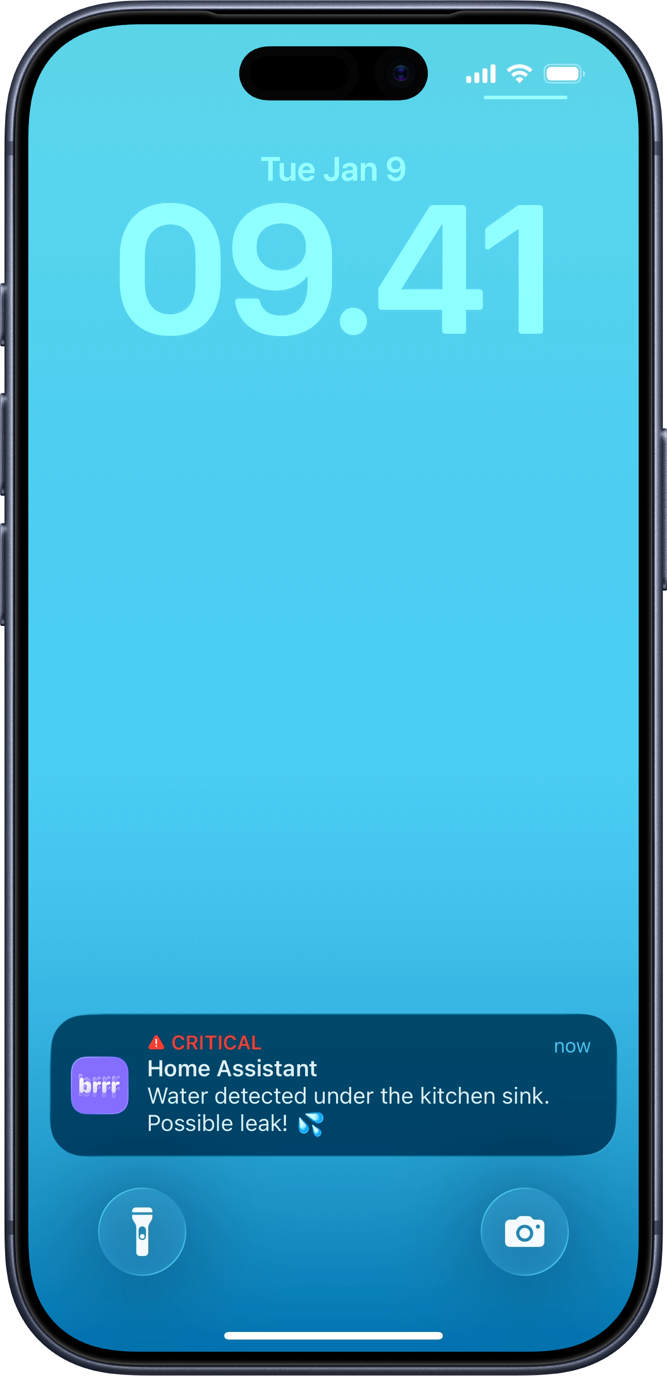 iPhone lock screen showing a critical alert notification from brrr for a possible water leak
