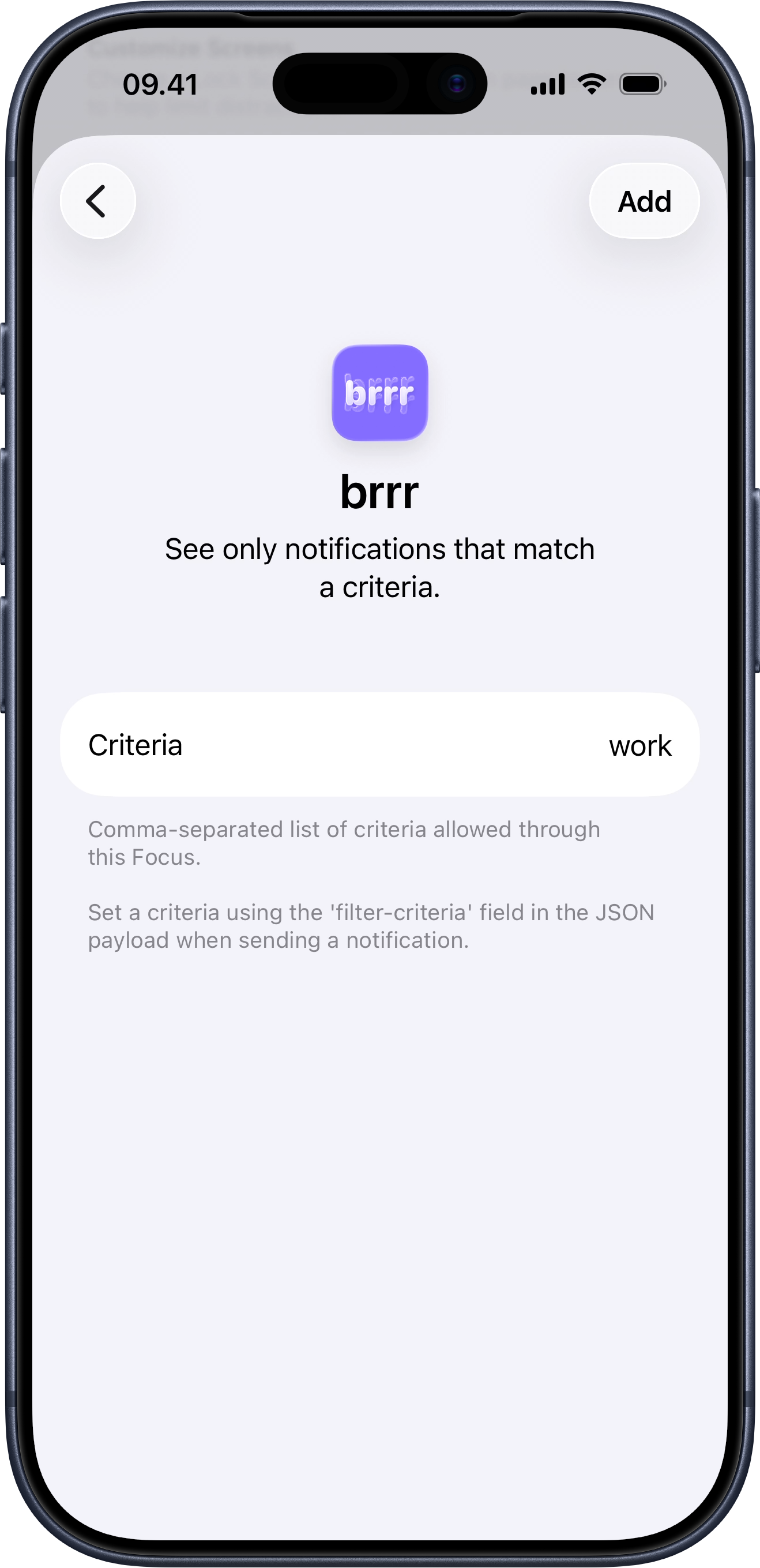 brrr Focus filter configuration with the Criteria field set to work
