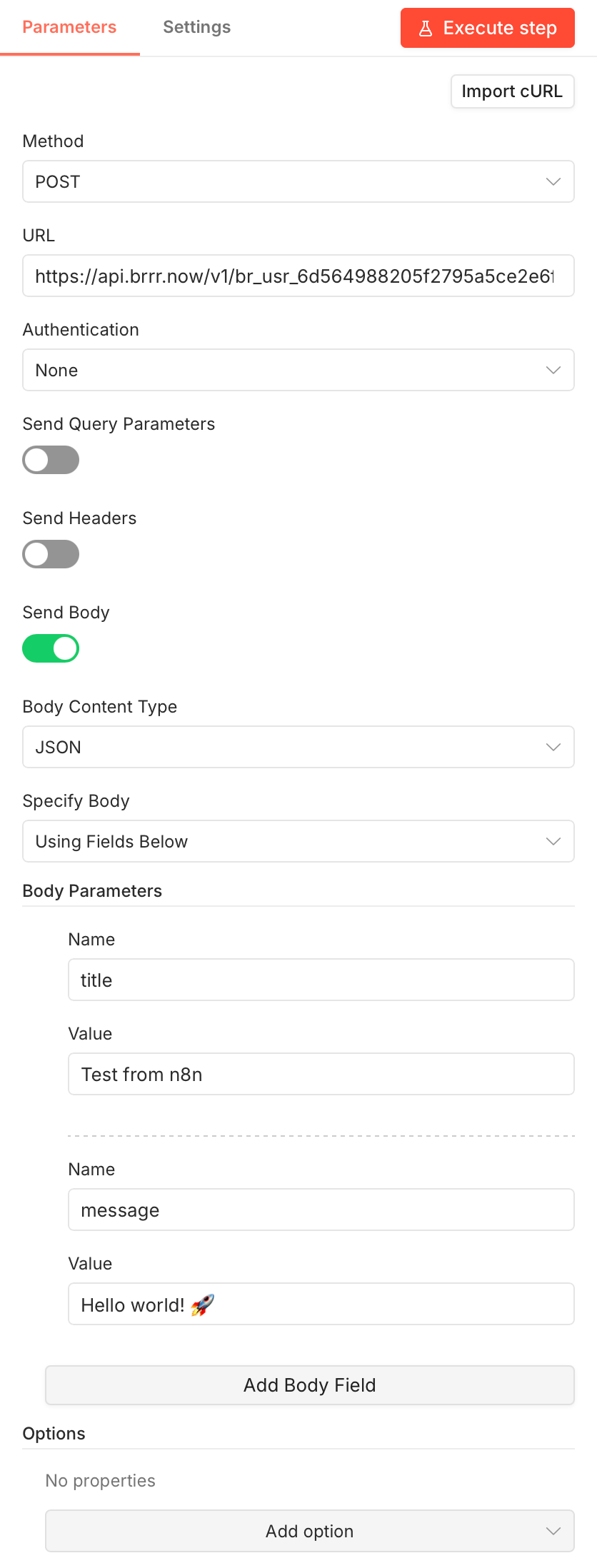 n8n HTTP Request node configured to POST JSON to a brrr webhook with title and message fields