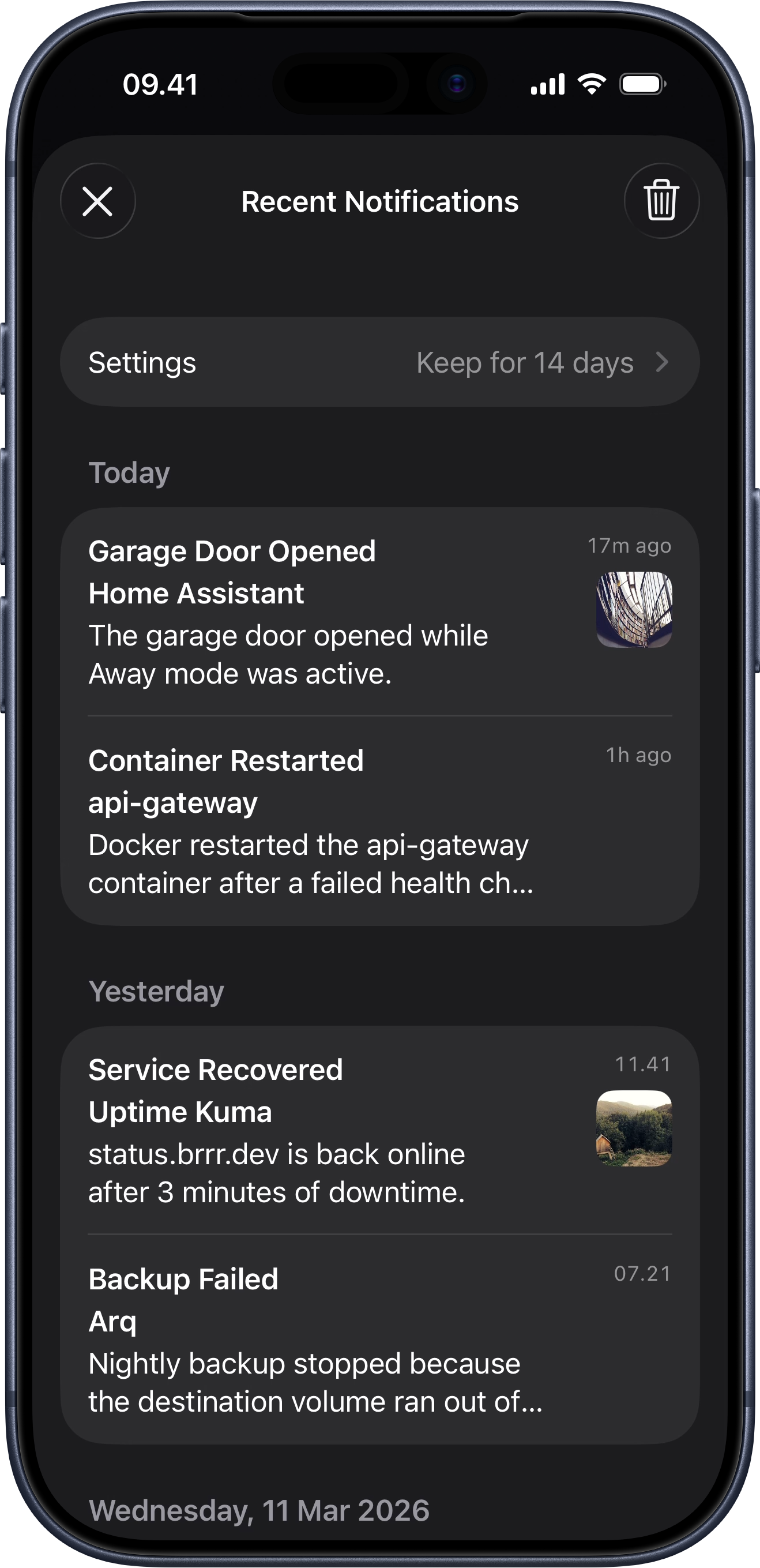 brrr recent notifications settings screen