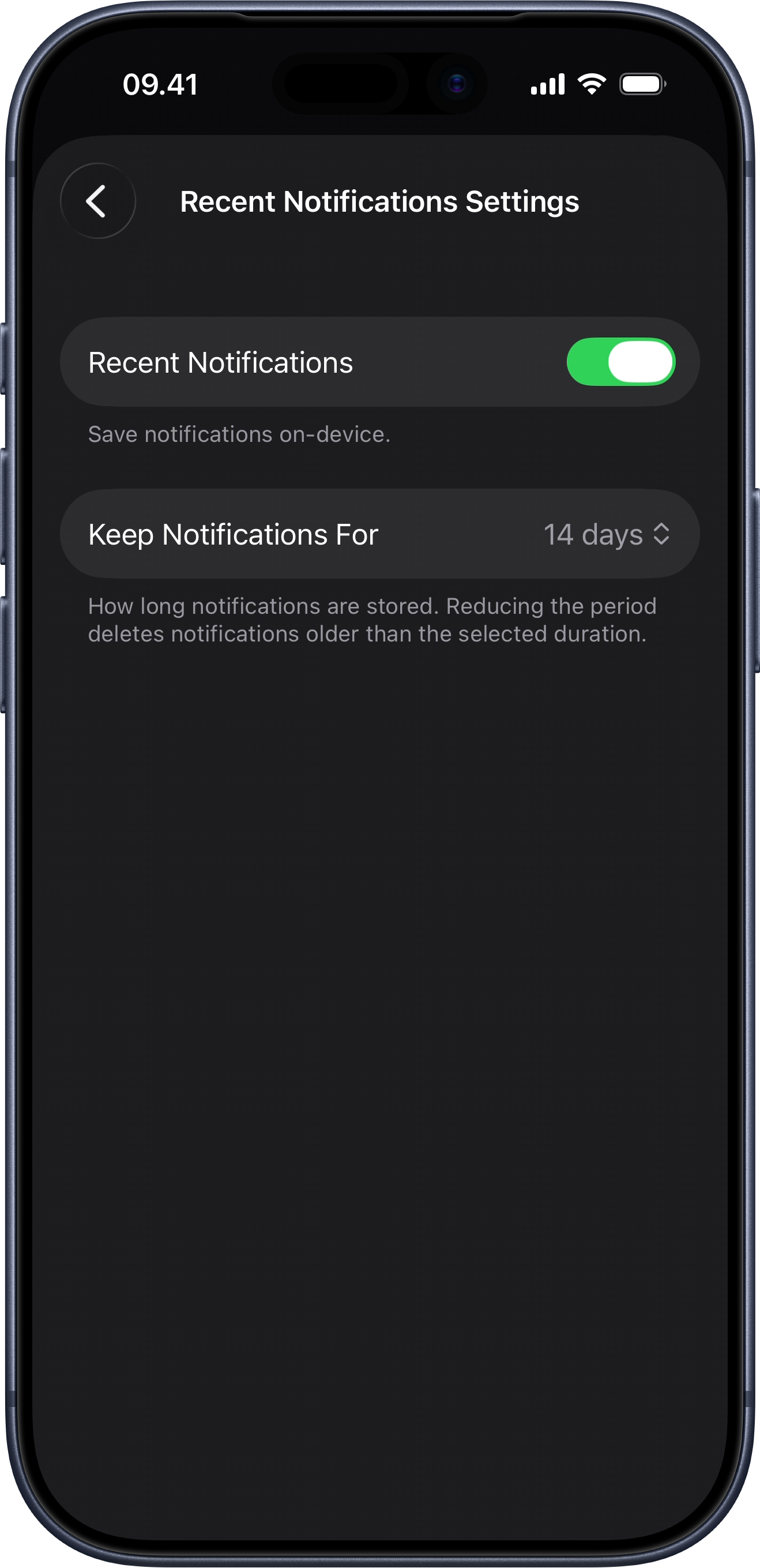 brrr recent notifications retention options