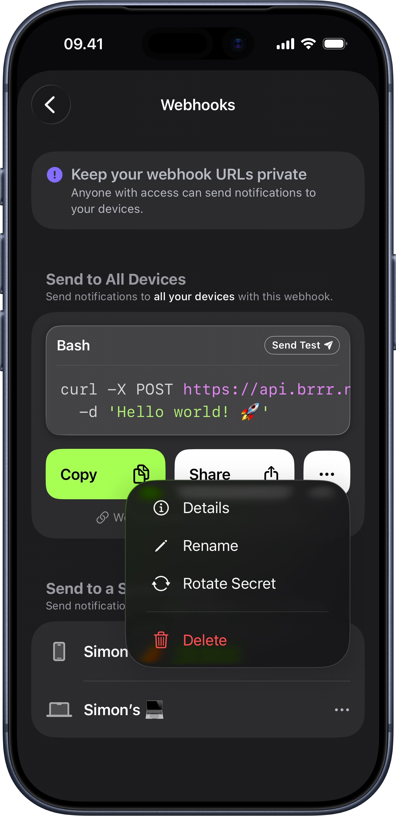 brrr screen showing the device-specific webhook secret rotation confirmation