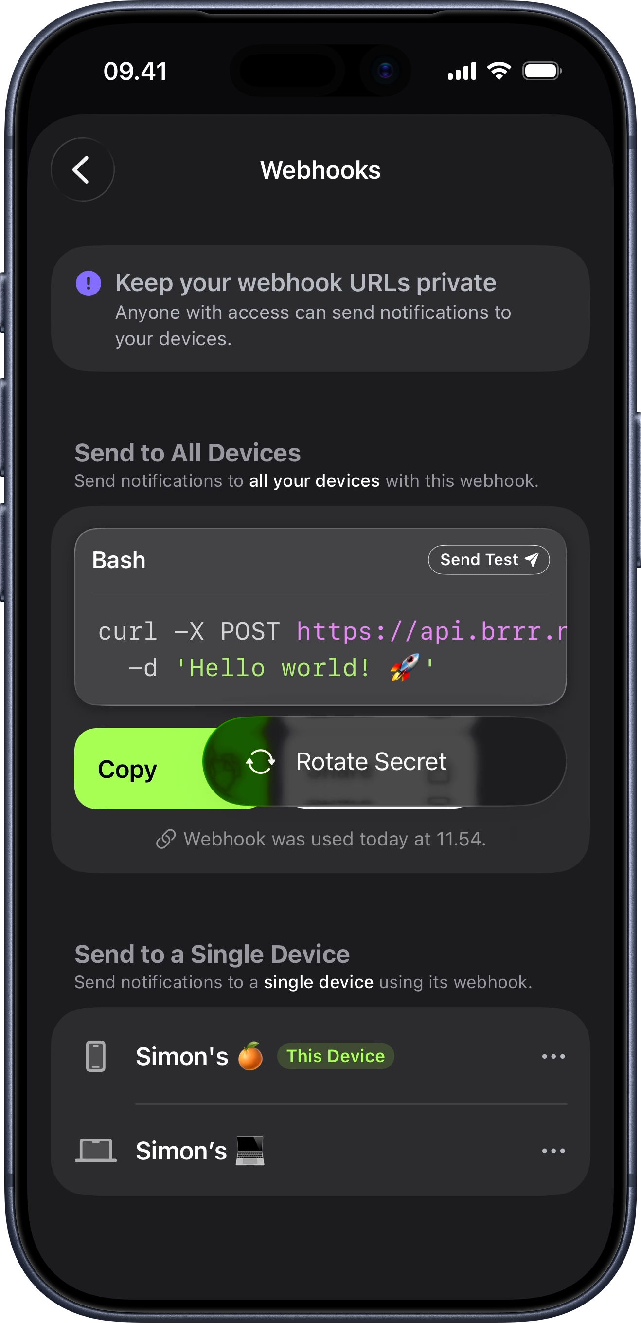 brrr screen showing the shared webhook secret rotation confirmation