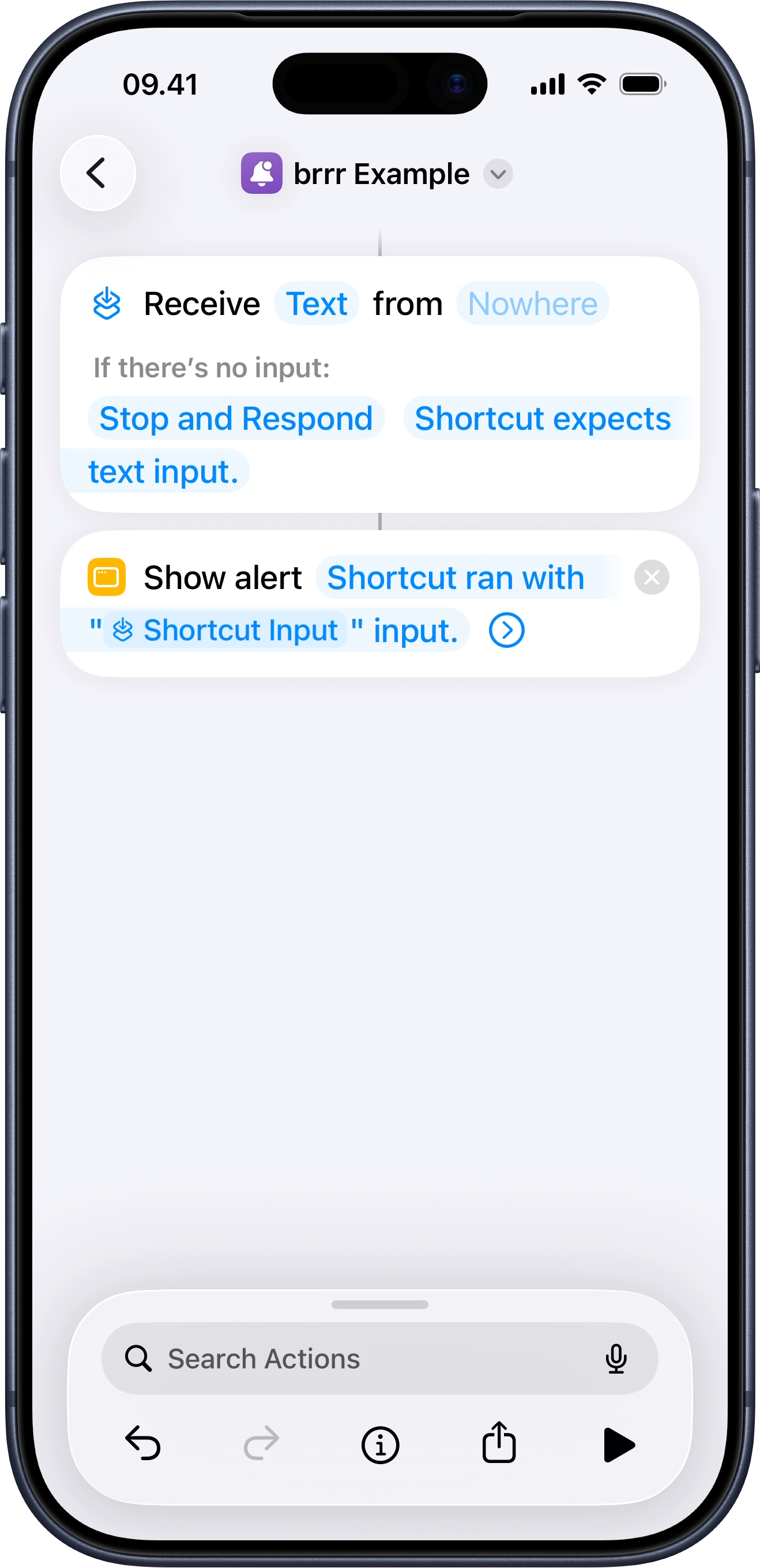 Apple Shortcuts configured to receive text input and show an alert with the shortcut input