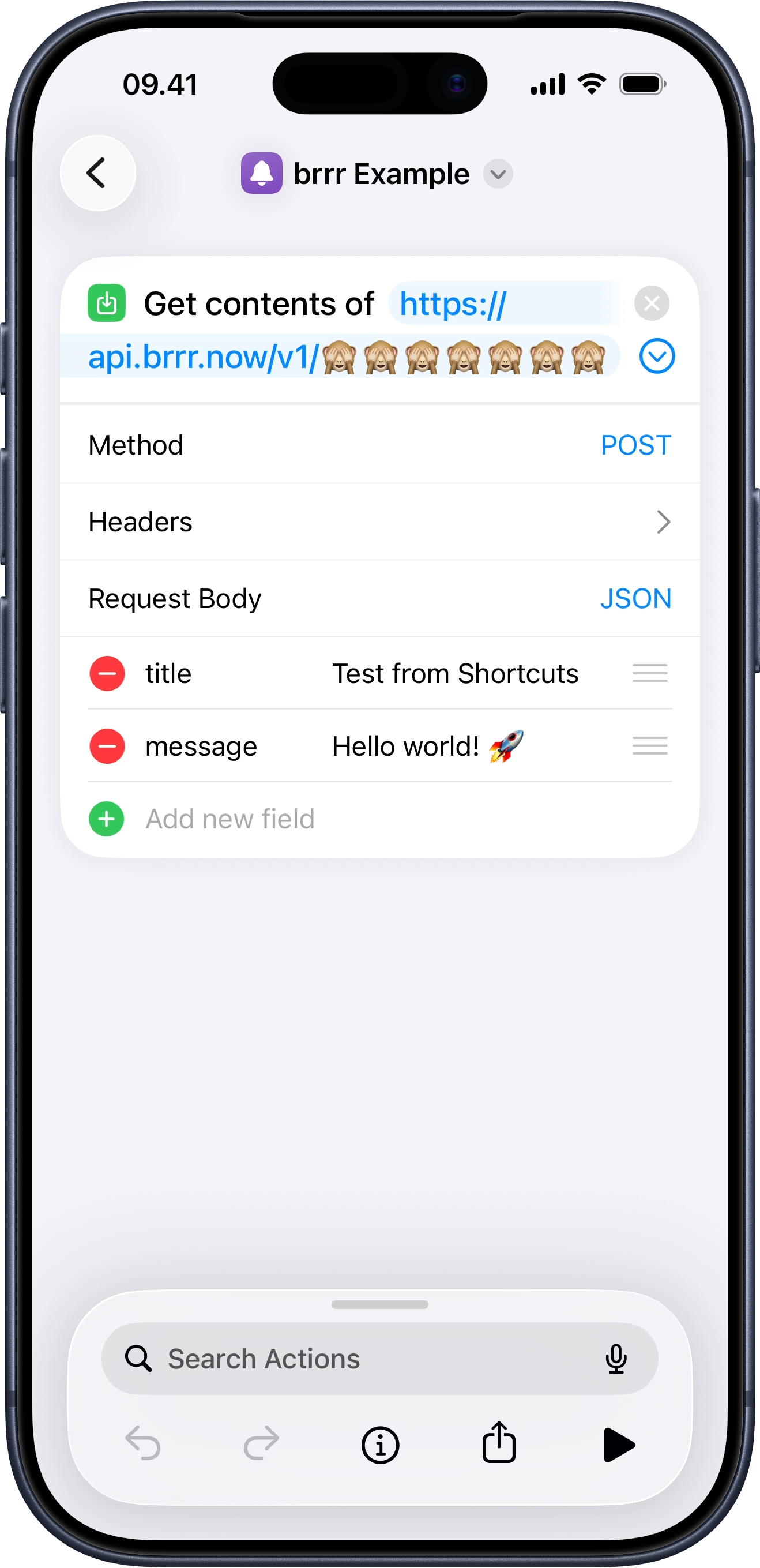 Apple Shortcuts configured to POST JSON to a brrr webhook with title and message fields